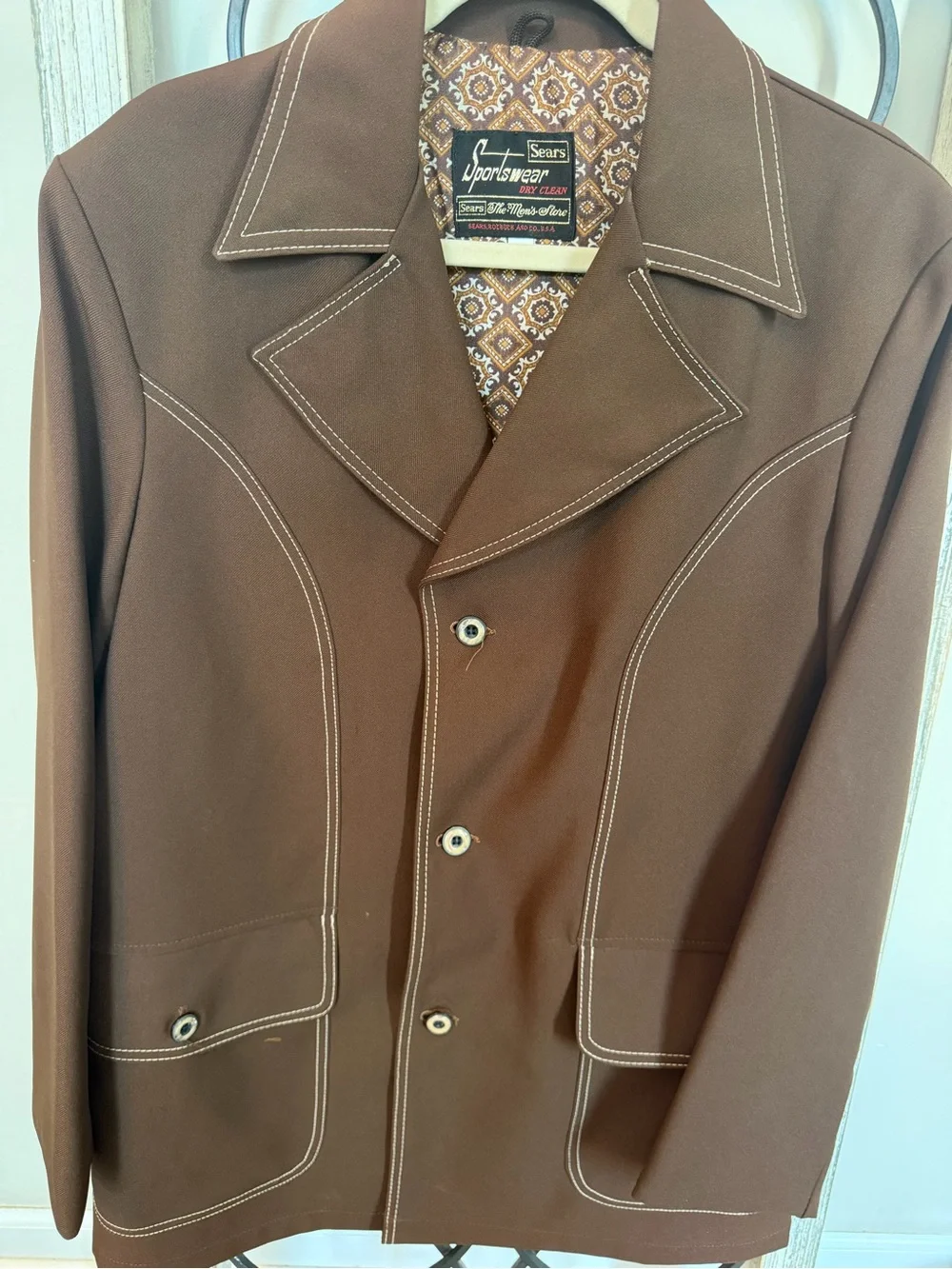 Vintage 70s Sears Sportswear Brown Western‎ Leisure Jacket Contrast Stitch 40